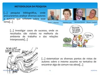 METODOLOGIA DA PESQUISA 
[...] pesquisa bibliográfica, onde 
procuraremos analisar diversos autores 
a autoras que refletem sobre esse 
tema[...] 
José C. Libaneo Heloísa Luck Dermeval Saviani Moacir Gadotti 
[...] investigar casos de sucesso, onde os 
resultados são visíveis na melhoria do 
ambiente de trabalho e das relações 
interpessoais[...] 
[...] sistematizar os diversos pontos de vistas de 
autores sobre o mesmo assunto na tentativa de 
encontrar algo de comum nas obras[...] 
Arlindo Nascimento Rocha 15 05/10/2014 
 