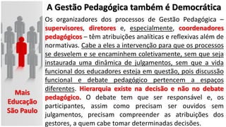 A Gestão Pedagógica também é Democrática
Os organizadores dos processos de Gestão Pedagógica –
supervisores, diretores e, especialmente, coordenadores
pedagógicos – têm atribuições analíticas e reflexivas além de
normativas. Cabe a eles a intervenção para que os processos
se desvelem e se encaminhem coletivamente, sem que seja
instaurada uma dinâmica de julgamentos, sem que a vida
funcional dos educadores esteja em questão, pois discussão
funcional e debate pedagógico pertencem a espaços
diferentes. Hierarquia existe na decisão e não no debate
pedagógico. O debate tem que ser responsável e, os
participantes, assim como precisam ser ouvidos sem
julgamentos, precisam compreender as atribuições dos
gestores, a quem cabe tomar determinadas decisões.
Mais
Educação
São Paulo
 