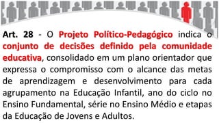 Art. 28 - O Projeto Político-Pedagógico indica o
conjunto de decisões definido pela comunidade
educativa, consolidado em um plano orientador que
expressa o compromisso com o alcance das metas
de aprendizagem e desenvolvimento para cada
agrupamento na Educação Infantil, ano do ciclo no
Ensino Fundamental, série no Ensino Médio e etapas
da Educação de Jovens e Adultos.
 