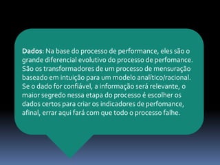 Dados: Na base do processo de performance, eles são o
grande diferencial evolutivo do processo de perfomance.
São os transformadores de um processo de mensuração
baseado em intuição para um modelo analítico/racional.
Se o dado for confiável, a informação será relevante, o
maior segredo nessa etapa do processo é escolher os
dados certos para criar os indicadores de perfomance,
afinal, errar aqui fará com que todo o processo falhe.
 