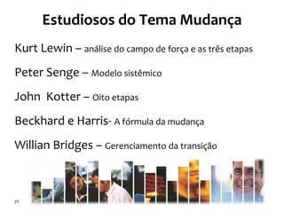 Kurt Lewin – análise do campo de força e as três etapas
Peter Senge – Modelo sistêmico
John Kotter – Oito etapas
Beckhard e Harris- A fórmula da mudança
Willian Bridges – Gerenciamento da transição
27
Estudiosos do Tema Mudança
 