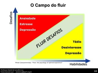 Mihali Csikszentmihalyi “Flow: the psycology of optimal experience”
Desafios
Habilidades
O Campo do fluir
Tédio
Desinteresse
Depressão
Ansiedade
Estresse
Depressão
Professor Daniel de Carvalho Luz
Fone (15) 9126 5571 - daniel.luz@aprh.org.br 44
 