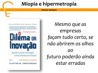 Mesmo que as
empresas
façam tudo certo, se
não abrirem os olhos
ao
futuro poderão ainda
estar erradas
Miopia e hipermetropia
Inovar sempre
 