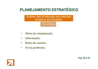 PLANEJAMENTO ESTRATÉGICO
Análise das mudanças nas relações
sociais e econômicas:
Tecnologia

•

Meios de comunicação;

•

Informação;

•

Redes de contato;

•

Novas profissões.

Pág. 20 a 22
25

 