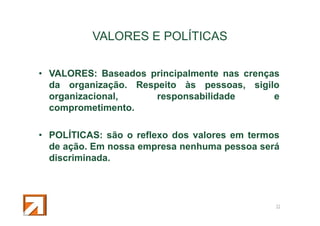 VALORES E POLÍTICAS
• VALORES: Baseados principalmente nas crenças
da organização. Respeito às pessoas, sigilo
organizacional,
responsabilidade
e
comprometimento.
• POLÍTICAS: são o reflexo dos valores em termos
de ação. Em nossa empresa nenhuma pessoa será
discriminada.

32

 