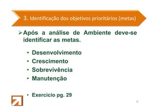 3. Identificação dos objetivos prioritários (metas)
Após a análise de Ambiente deve-se
identificar as metas.
•
•
•
•

Desenvolvimento
Crescimento
Sobrevivência
Manutenção

• Exercício pg. 29
40

 
