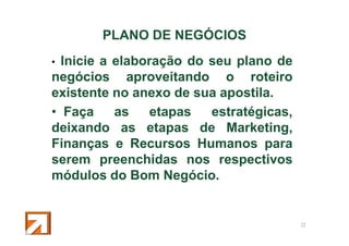 PLANO DE NEGÓCIOS
Inicie a elaboração do seu plano de
negócios aproveitando o roteiro
existente no anexo de sua apostila.
• Faça
as
etapas
estratégicas,
deixando as etapas de Marketing,
Finanças e Recursos Humanos para
serem preenchidas nos respectivos
módulos do Bom Negócio.
•

53

 
