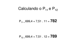 Calculando o P11 e P12


P11 = 699,4 + 7,51 . 11 = 782




P12 = 699,4 + 7,51 . 12 = 789
 