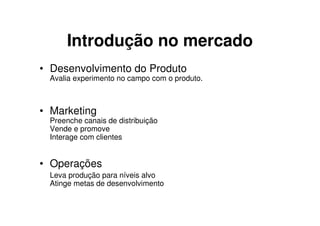 Introdução no mercado
• Desenvolvimento do Produto
 Avalia experimento no campo com o produto.



• Marketing
 Preenche canais de distribuição
 Vende e promove
 Interage com clientes


• Operações
 Leva produção para níveis alvo
 Atinge metas de desenvolvimento
 