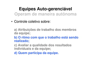 Equipes Auto-gerenciável
  Operam de maneira autônoma
• Controle coletivo sobre:

 a) Atribuições de trabalho dos membros
 da equipe;
 b) O ritmo com que o trabalho está sendo
 realizado;
 c) Avaliar a qualidade dos resultados
 individuais e da equipe;
 d) Quem participa da equipe.
 