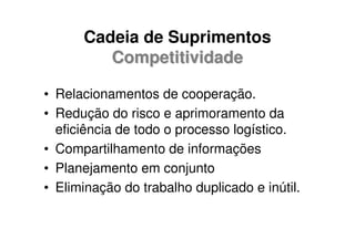 Cadeia de Suprimentos
         Competitividade

• Relacionamentos de cooperação.
• Redução do risco e aprimoramento da
  eficiência de todo o processo logístico.
• Compartilhamento de informações
• Planejamento em conjunto
• Eliminação do trabalho duplicado e inútil.
 