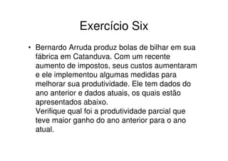 Exercício Six
• Bernardo Arruda produz bolas de bilhar em sua
  fábrica em Catanduva. Com um recente
  aumento de impostos, seus custos aumentaram
  e ele implementou algumas medidas para
  melhorar sua produtividade. Ele tem dados do
  ano anterior e dados atuais, os quais estão
  apresentados abaixo.
  Verifique qual foi a produtividade parcial que
  teve maior ganho do ano anterior para o ano
  atual.
 