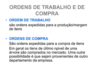 ORDENS DE TRABALHO E DE
          COMPRA
• ORDEM DE TRABALHO
  são ordens expedidas para a produção/margem
  de itens

• ORDENS DE COMPRA
  São ordens expedidas para a compra de itens
  Em geral os itens de último npivel de uma
  árvore são comprados no mercado. Uma outra
  possibilidade é que sejam provenientes de outro
  departamento da empresa.
 