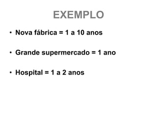 EXEMPLO
• Nova fábrica = 1 a 10 anos

• Grande supermercado = 1 ano

• Hospital = 1 a 2 anos
 