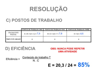RESOLUÇÃO
C) POSTOS DE TRABALHO




D) EFICIÊNCIA                       OBS: NUNCA PODE REPETIR
                                          UMA ATIVIDADE

               Conteúdo do trabalho T
Eficiência =
                      N.C
                                  E = 20,3 / 24 =     85%
 