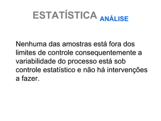 ESTATÍSTICA ANÁLISE

Nenhuma das amostras está fora dos
limites de controle consequentemente a
variabilidade do processo está sob
controle estatístico e não há intervenções
a fazer.
 