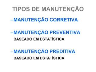TIPOS DE MANUTENÇÃO
–MANUTENÇÃO CORRETIVA

–MANUTENÇÃO PREVENTIVA
BASEADO EM ESTATÍSTICA


–MANUTENÇÃO PREDITIVA
BASEADO EM ESTATÍSTICA
 