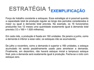 ESTRATÉGIA 1EXEMPLIFICAÇÃO
Força de trabalho constante e estoques. Essa estratégia só é possível quando
a capacidade total de produção regular ao longo dos períodos considerados é
maior ou igual à demanda total prevista. No exemplo, os 16 funcionários
produzirão nos 12 meses uma quantidade exatamente igual à demanda total
prevista (12 x 160 = 1.920 milheiros).

Em cada mês, a produção é fixada em 160 unidades. De janeiro a junho, como
a demanda é inferior a esse valor, os estoques irão se acumulando.

De julho a novembro, como a demanda é superior a 160 unidades, o estoque
acumulado irá sendo paulatinamente usado para amortecer a demanda.
Finalmente, em dezembro, não haverá estoque inicial e tampouco estoque
final, pois a demanda será exatamente igual à produção. Fecha-se o ciclo com
estoque zero.
 