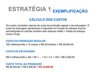 ESTRATÉGIA 1 EXEMPLIFICAÇÃO
                      CÁLCULO DOS CUSTOS
Os custos consistem apenas do custo da produção regular e da estocagem. O
custo da estocagem geralmente é calculado em função do estoque final do
período(pode-se calcular também pelo estoque médio = média do estoque
inicial e final).

CUSTO DA PRODUÇÃO REGULAR
160 milheiros/mês x 12 meses x R$ 20/milheiro = R$ 38.400,00

CUSTO DE ESTOCAGEM:

R$ 5 milheiro/mês x (50 + 90 + ... + 0) = 5 x 1.100 = R$ 5.500,00

CUSTO TOTAL DA PRODUÇÃO
R$ 38.400,00 + R$ 5.500,00 = R$ 43.900,00
 