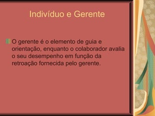 Indivíduo e Gerente O gerente é o elemento de guia e orientação, enquanto o colaborador avalia o seu desempenho em função da retroação fornecida pelo gerente. 