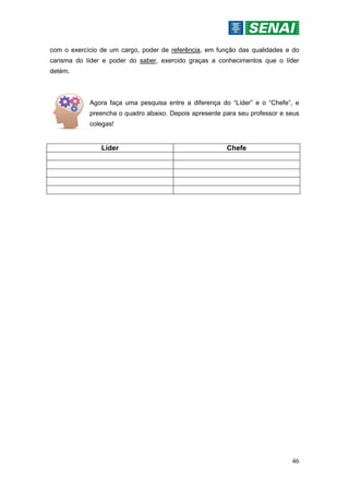 46
com o exercício de um cargo, poder de referência, em função das qualidades e do
carisma do líder e poder do saber, exercido graças a conhecimentos que o líder
detém.
Agora faça uma pesquisa entre a diferença do “Líder” e o “Chefe”, e
preencha o quadro abaixo. Depois apresente para seu professor e seus
colegas!
Líder Chefe
 