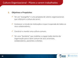 Cultura Organizacional - Pilares a serem trabalhados
34
1. Objetivos e Propósitos
 Ter um “evangelho” e uma proposta de valores organizacionais
que reforcem a cultura de servir;
 Esclarecer a missão da instituição e o que é esperado de todos os
seus colaboradores;
 Ter uma “bandeira” que mobilize e engaje todos dentro da
organização para o bem comum de seus acionistas,
colaboradores, pacientes e clientes.
 Construir e manter uma cultura comum;
 