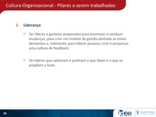 Cultura Organizacional - Pilares a serem trabalhados
36
3. Liderança
 Ter líderes e gestores preparados para promover e conduzir
mudanças, para criar um modelo de gestão alinhado às novas
demandas e, sobretudo, para liderar pessoas; criar e perpetuar
uma cultura de feedback;
 Ter líderes que valorizam e praticam o que falam e o que se
propõem a fazer.
 