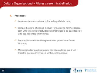 Cultura Organizacional - Pilares a serem trabalhados
37
4. Processos
 Implementar um modelo e cultura de qualidade total;
 Sempre buscar a eficiência e novas formas de se fazer as coisas,
com uma visão de perpetuidade da instituição e de qualidade de
vida aos pacientes e familiares;
 Minimizar o tempo de resposta, considerando-se que é um
trabalho que envolve vidas e sentimento humano.
 Ter um alinhamento e sinergia entre os processos e fluxos
internos;
 