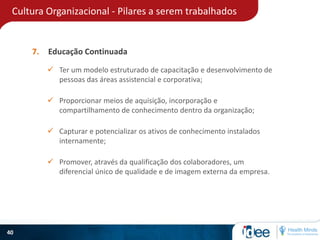 Cultura Organizacional - Pilares a serem trabalhados
40
7. Educação Continuada
 Ter um modelo estruturado de capacitação e desenvolvimento de
pessoas das áreas assistencial e corporativa;
 Promover, através da qualificação dos colaboradores, um
diferencial único de qualidade e de imagem externa da empresa.
 Proporcionar meios de aquisição, incorporação e
compartilhamento de conhecimento dentro da organização;
 Capturar e potencializar os ativos de conhecimento instalados
internamente;
 