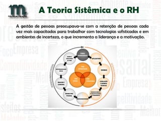 A Teoria Sistêmica e o RH 
A gestão de pessoas preocupava-se com a retenção de pessoas cada vez mais capacitadas para trabalhar com tecnologias sofisticadas e em ambientes de incerteza, o que incrementa a liderança e a motivação.  