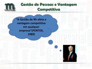 Gestão de Pessoas e Vantagem Competitiva 
“A Gestão de Rh afeta a vantagem competitiva em qualquer empresa”(PORTER, 1989) 