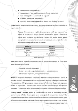 Gestão de Pessoas | MBA – UNA | 40
Quais produtos vamos oferecer?
Que vantagens e valores adicionais vamos oferecer aos clientes?
Qual serão o porte e a lucratividade do negócio?
O que nos diferencia da concorrência?
Como nos preparamos para atender os clientes, com eficiência, no futuro?
Para efetivar o processo de Planejamento, é necessário que a empresa tenha clarificado os
seguintes pontos:
Negócio: Entende-se como negócio de uma empresa aquilo que representa seu
âmbito de atuação, ou a solução que uma organização se propõe a oferecer ao
cliente, com o objetivo de satisfazê-lo. Seguem, no quadro abaixo, alguns
exemplos de empresas, com seus respectivos negócios, bem como tipos diferentes
de soluções a serem apresentadas aos clientes:
EMPRESAS NEGÓCIO
Kopenhagen Presentes
Revlon Esperança
Fischer Price Alegria
Banco Soluções Financeiras
Kodak Lembranças
Fonte: Tavares (2005)
Visão: Para se fazer um bom planejamento, deve-se possuir uma boa visão de futuro. Essa
visão, dentro de uma empresa:
representa o ideal da organização;
descreve para onde a organização deseja ir e o que ela deseja ser;
é desafiadora, inspiradora, abrangente e inovadora.
Missão: A missão de uma empresa é aquilo que define o que ela representa e o que faz. A
empresa comunica interna e externamente o propósito de seu negócio ao declarar sua missão.
Ficando clara sua definição, ela passa a atuar como uma “mão invisível”, que guia as pessoas
dentro da organização, a fim de que elas possam trabalhar para a realização dos objetivos
propostos. É a missão que define como se poderá transformar a visão de futuro em realidade.
Para que a visão e a missão possam ser compartilhadas por todos na organização, precisam
ser claramente definidas. Devem apoiar-se em um conjunto de competências desenvolvidas
com a finalidade de explorar as oportunidades atuais e buscar as oportunidades futuras, além
de minimizar ou neutralizar as ameaças. Chama-se de competências distintivas a esse conjunto
 