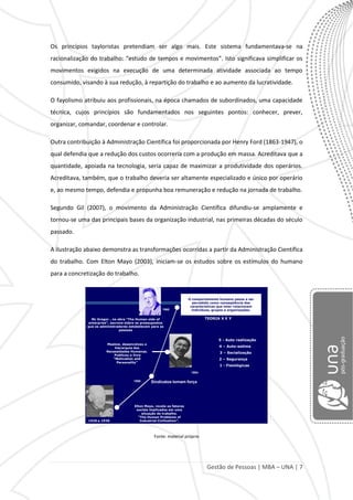 Gestão de Pessoas | MBA – UNA | 7
Os princípios tayloristas pretendiam ser algo mais. Este sistema fundamentava-se na
racionalização do trabalho: “estudo de tempos e movimentos”. Isto significava simplificar os
movimentos exigidos na execução de uma determinada atividade associada ao tempo
consumido, visando à sua redução, à repartição do trabalho e ao aumento da lucratividade.
O fayolismo atribuiu aos profissionais, na época chamados de subordinados, uma capacidade
técnica, cujos princípios são fundamentados nos seguintes pontos: conhecer, prever,
organizar, comandar, coordenar e controlar.
Outra contribuição à Administração Científica foi proporcionada por Henry Ford (1863-1947), o
qual defendia que a redução dos custos ocorreria com a produção em massa. Acreditava que a
quantidade, apoiada na tecnologia, seria capaz de maximizar a produtividade dos operários.
Acreditava, também, que o trabalho deveria ser altamente especializado e único por operário
e, ao mesmo tempo, defendia e propunha boa remuneração e redução na jornada de trabalho.
Segundo Gil (2007), o movimento da Administração Científica difundiu-se amplamente e
tornou-se uma das principais bases da organização industrial, nas primeiras décadas do século
passado.
A ilustração abaixo demonstra as transformações ocorridas a partir da Administração Científica
do trabalho. Com Elton Mayo (2003), iniciam-se os estudos sobre os estímulos do humano
para a concretização do trabalho.
Sindicatos tomam força
Maslow, desenvolveu a
hierarquia das
Necessidades Humanas.
Publicou o livro
“Motivation and
Personality”
1950
1954
1960
Mc Gregor , na obra “The Human side of
enterprise”, escreve sobre os pressupostos
que os administradores estabelecem para as
pessoas
O comportamento humano passa a ser
percebido como conseqüência das
características que inter-relacionam
indivíduos, grupos e organizações.
TEORIA X E Y
5 - Auto realização
4 – Auto-estima
3 – Socialização
2 – Segurança
1 - Fisiológicas
Elton Mayo, revela os fatores
sociais implicados em uma
situação de trabalho.
“The Human Problems of
Industrial Civilization”.1920 e 1930
Fonte: material próprio
 