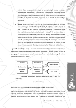 Gestão de Pessoas | MBA – UNA | 81
instável, fazer uso do conhecimento, e ter uma orientação para a inovação e
aprendizagem permanentes”. Segundo eles, “competências significam atitudes
identificadas como relevantes para obtenção de alto desempenho em um trabalho
específico, ao longo de uma carreira profissional, ou no contexto de uma estratégia
corporativa”.
Durand (1998): construiu o conceito de competências utilizando os princípios
desenvolvidos por Henri Pestalozzi (1746-1827), “head, hand and heart” (cabeça,
mão e coração). Ou seja, baseia-se nas em três dimensões – “Knowledge, Know-
How and Attitudes (conhecimento, habilidade e atitude)”. Ele considera não só os
aspectos técnicos, mas também a cognição e as atitudes relacionadas ao trabalho,
todas interdependentes. Menciona, ainda, que seu desenvolvimento se dá por
meio da aprendizagem individual e coletiva. Este tipo de abordagem possui maior
aceitação nas organizações e também no mundo acadêmico, na medida em que
procura integrar aspectos técnicos, sociais e atitudes relacionadas ao trabalho.
Segundo Dutra (2004), o enfoque mencionado anteriormente é pouco instrumental, uma vez
que o fato de as pessoas possuírem conhecimentos, habilidades e atitudes não seja garantia de
que agregarão valor, sendo, portanto, importante explorar o conceito de entrega de valor, o
que é traduzido na figura abaixo:
Fonte: SciELLO (2009)
Qual a diferença entre gestão de competências e gestão por competências?
A primeira abordagem, “DE COMPETÊNCIAS”, diz respeito à forma como a empresa planeja,
organiza, desenvolve, acompanha e avalia as competências necessárias ao seu negócio. A
segunda, “POR COMPETÊNCIAS”, sugere que a organização distribua o trabalho de suas
 