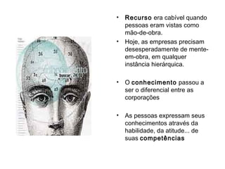 • Recurso era cabível quando
pessoas eram vistas como
mão-de-obra.
• Hoje, as empresas precisam
desesperadamente de mente-
em-obra, em qualquer
instância hierárquica.
• O conhecimento passou a
ser o diferencial entre as
corporações
• As pessoas expressam seus
conhecimentos através da
habilidade, da atitude... de
suas competências
 
