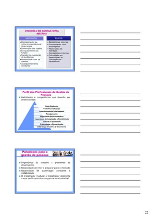 22
O MODELO DE CONSULTORIA
INTERNA
VANTAGENS
• Conhecimento da
cultura organizacional
da empresa
• Diminuição dos custos
• Enriquecimento da
função
• Rapidez na resolução
de problemas
• Proximidade com os
clientes
• Acompanhamento
constante
RISCOS
• Resistências internas
• Envolvimento com
empregados
• Menor grau de
liberdade
• Competições internas
• Dificuldade em
desenvolver as
competências
necessárias
Perfil dos Profissionais de Gestão de
Pessoas
Habilidades e competências que deverão ser
desenvolvidas:
Visão Sistêmica
Trabalho em Equipe
Relacionamento Interpessoal
Planejamento
Capacidade Empreendedora
Capacidade de Adaptação e Flexibilidade
Cultura da Qualidade
Criatividade e Comunicação
Liderança, Iniciativa e Dinamismo
Paradoxos para a
gestão de pessoas
Importância do trabalho x problemas de
desempenho
Necessidade de reter x preparar para o mercado
Necessidade de qualificação constante x
instabilidade
O trabalhador modular x trabalhador obediente
– que perfil a estrutura organizacional valoriza?
 
