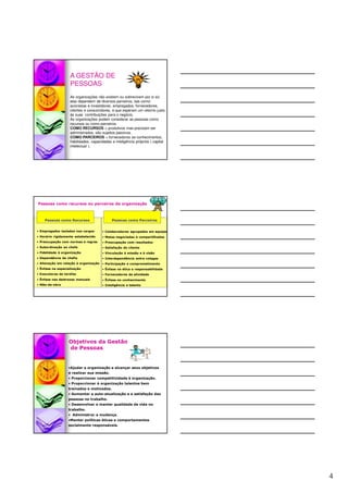 4
As organizações não existem ou sobrevivem por si só;
elas dependem de diversos parceiros, tais como:
acionistas e investidores, empregados, fornecedores,
clientes e consumidores, e que esperam um retorno justo
às suas contribuições para o negócio.
As organizações podem considerar as pessoas como
recursos ou como parceiros.
COMO RECURSOS = produtivos mas precisam ser
administrados, são sujeitos passivos.
COMO PARCEIROS = fornecedores se conhecimentos,
habilidades, capacidades e inteligência próprios ( capital
intelectual ).
A GESTÃO DE
PESSOAS
Pessoas como Recursos Pessoas como Parceiros
• Empregados isolados nos cargos
• Horário rigidamente estabelecido
• Preocupação com normas e regras
• Subordinação ao chefe
• Fidelidade à organização
• Dependência da chefia
• Alienação em relação à organização
• Ênfase na especialização
• Executoras de tarefas
• Ênfase nas destrezas manuais
• Mão-de-obra
• Colaboradores agrupados em equipes
• Metas negociadas e compartilhadas
• Preocupação com resultados
• Satisfação do cliente
• Vinculação à missão e à visão
• Interdependência entre colegas
• Participação e comprometimento
• Ênfase na ética e responsabilidade
• Fornecedores de atividade
• Ênfase no conhecimento
• Inteligência e talento
Pessoas como recursos ou parceiros da organização
•Ajudar a organização a alcançar seus objetivos
e realizar sua missão.
• Proporcionar competitividade à organização.
• Proporcionar à organização talentos bem
treinados e motivados.
• Aumentar a auto-atualização e a satisfação das
pessoas no trabalho.
• Desenvolver e manter qualidade de vida no
trabalho.
• Administrar a mudança.
•Manter políticas éticas e comportamentos
socialmente responsáveis.
Objetivos da Gestão
de Pessoas
 