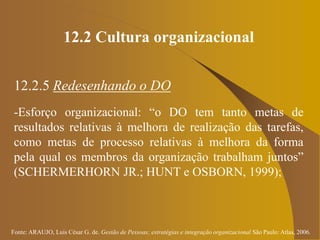 Fonte: ARAUJO, Luis César G. de. Gestão de Pessoas; estratégias e integração organizacional São Paulo: Atlas, 2006.
12.2 Cultura organizacional
12.2.5 Redesenhando o DO
-Esforço organizacional: “o DO tem tanto metas de
resultados relativas à melhora de realização das tarefas,
como metas de processo relativas à melhora da forma
pela qual os membros da organização trabalham juntos”
(SCHERMERHORN JR.; HUNT e OSBORN, 1999);
 