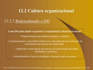 Fonte: ARAUJO, Luis César G. de. Gestão de Pessoas; estratégias e integração organizacional São Paulo: Atlas, 2006.
12.2 Cultura organizacional
12.2.5 Redesenhando o DO
Como DO pode ajudar as pessoas e a organização a alcançarem metas?
- Proporcionando um ambiente propício a soluções.
- Complementando a autoridade formal com a intensificação do coeficiente de
participação das pessoas da organização.
- Ampliando a participação das pessoas da organização que detêm
habilidades específicas.
- Intensificando os laços de confiança e interação entre as pessoas.
 