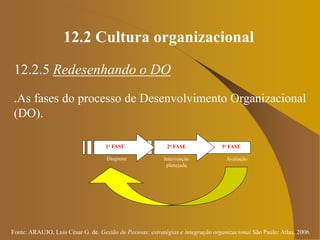 Fonte: ARAUJO, Luis César G. de. Gestão de Pessoas; estratégias e integração organizacional São Paulo: Atlas, 2006.
12.2 Cultura organizacional
12.2.5 Redesenhando o DO
.As fases do processo de Desenvolvimento Organizacional
(DO).
1o FASE 2o FASE 3o FASE
Diagnose Intervenção
planejada
Avaliação
 