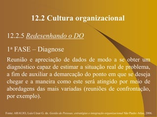 Fonte: ARAUJO, Luis César G. de. Gestão de Pessoas; estratégias e integração organizacional São Paulo: Atlas, 2006.
12.2 Cultura organizacional
12.2.5 Redesenhando o DO
1a FASE – Diagnose
Reunião e apreciação de dados de modo a se obter um
diagnóstico capaz de estimar a situação real de problema,
a fim de auxiliar a demarcação do ponto em que se deseja
chegar e a maneira como este será atingido por meio de
abordagens das mais variadas (reuniões de confrontação,
por exemplo).
 