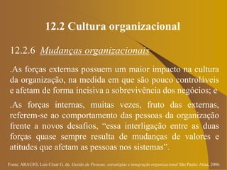 Fonte: ARAUJO, Luis César G. de. Gestão de Pessoas; estratégias e integração organizacional São Paulo: Atlas, 2006.
12.2 Cultura organizacional
12.2.6 Mudanças organizacionais
.As forças externas possuem um maior impacto na cultura
da organização, na medida em que são pouco controláveis
e afetam de forma incisiva a sobrevivência dos negócios; e
.As forças internas, muitas vezes, fruto das externas,
referem-se ao comportamento das pessoas da organização
frente a novos desafios, “essa interligação entre as duas
forças quase sempre resulta de mudanças de valores e
atitudes que afetam as pessoas nos sistemas”.
 