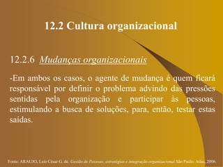 Fonte: ARAUJO, Luis César G. de. Gestão de Pessoas; estratégias e integração organizacional São Paulo: Atlas, 2006.
12.2 Cultura organizacional
12.2.6 Mudanças organizacionais
-Em ambos os casos, o agente de mudança é quem ficará
responsável por definir o problema advindo das pressões
sentidas pela organização e participar às pessoas,
estimulando a busca de soluções, para, então, testar estas
saídas.
 