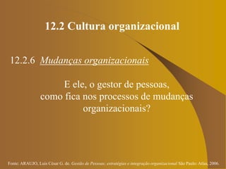 Fonte: ARAUJO, Luis César G. de. Gestão de Pessoas; estratégias e integração organizacional São Paulo: Atlas, 2006.
12.2 Cultura organizacional
12.2.6 Mudanças organizacionais
E ele, o gestor de pessoas,
como fica nos processos de mudanças
organizacionais?
 