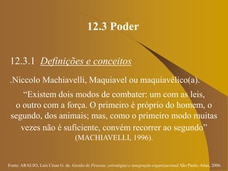 Fonte: ARAUJO, Luis César G. de. Gestão de Pessoas; estratégias e integração organizacional São Paulo: Atlas, 2006.
12.3 Poder
12.3.1 Definições e conceitos
.Niccolo Machiavelli, Maquiavel ou maquiavélico(a).
“Existem dois modos de combater: um com as leis,
o outro com a força. O primeiro é próprio do homem, o
segundo, dos animais; mas, como o primeiro modo muitas
vezes não é suficiente, convém recorrer ao segundo”
(MACHIAVELLI, 1996).
 
