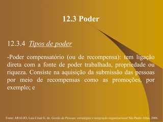 Fonte: ARAUJO, Luis César G. de. Gestão de Pessoas; estratégias e integração organizacional São Paulo: Atlas, 2006.
12.3 Poder
12.3.4 Tipos de poder
-Poder compensatório (ou de recompensa): tem ligação
direta com a fonte de poder trabalhada, propriedade ou
riqueza. Consiste na aquisição da submissão das pessoas
por meio de recompensas como as promoções, por
exemplo; e
 