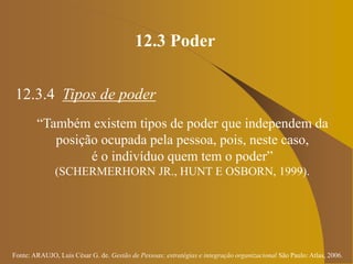 Fonte: ARAUJO, Luis César G. de. Gestão de Pessoas; estratégias e integração organizacional São Paulo: Atlas, 2006.
12.3 Poder
12.3.4 Tipos de poder
“Também existem tipos de poder que independem da
posição ocupada pela pessoa, pois, neste caso,
é o indivíduo quem tem o poder”
(SCHERMERHORN JR., HUNT E OSBORN, 1999).
 