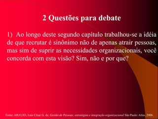 Fonte: ARAUJO, Luis César G. de. Gestão de Pessoas; estratégias e integração organizacional São Paulo: Atlas, 2006.
2 Questões para debate
1) Ao longo deste segundo capítulo trabalhou-se a idéia
de que recrutar é sinônimo não de apenas atrair pessoas,
mas sim de suprir as necessidades organizacionais, você
concorda com esta visão? Sim, não e por que?
 
