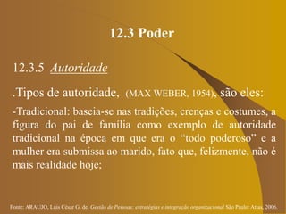 Fonte: ARAUJO, Luis César G. de. Gestão de Pessoas; estratégias e integração organizacional São Paulo: Atlas, 2006.
12.3 Poder
12.3.5 Autoridade
.Tipos de autoridade, (MAX WEBER, 1954), são eles:
-Tradicional: baseia-se nas tradições, crenças e costumes, a
figura do pai de família como exemplo de autoridade
tradicional na época em que era o “todo poderoso” e a
mulher era submissa ao marido, fato que, felizmente, não é
mais realidade hoje;
 
