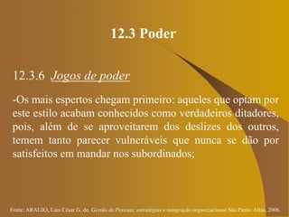 Fonte: ARAUJO, Luis César G. de. Gestão de Pessoas; estratégias e integração organizacional São Paulo: Atlas, 2006.
12.3 Poder
12.3.6 Jogos de poder
-Os mais espertos chegam primeiro: aqueles que optam por
este estilo acabam conhecidos como verdadeiros ditadores,
pois, além de se aproveitarem dos deslizes dos outros,
temem tanto parecer vulneráveis que nunca se dão por
satisfeitos em mandar nos subordinados;
 